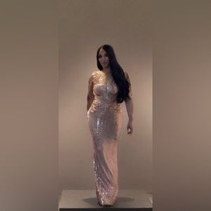 ROSE GOLD SEQUIN MERMAID MAXI DRESS, deep v-neck & v-back, Party, Cocktail, Prom
